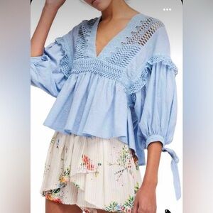 Free People Drive You Mad Blue Crochet Detail Top XS